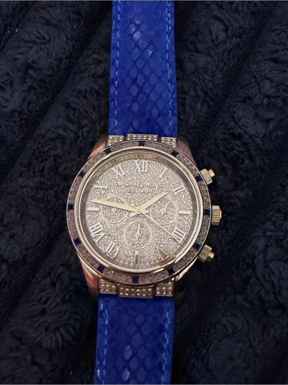 Michael Kors Gold Tone Crystal Pavé Watch with Blue Strap